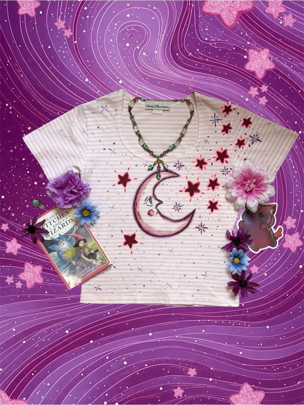 Hand painted crescent Moon and stars vintage pink stripes baby tee